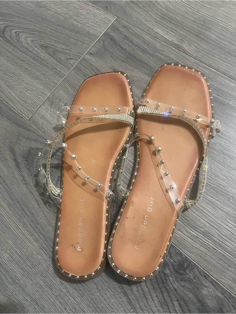 Madden Girl Tan Slide Sandals with Clear Studded Straps